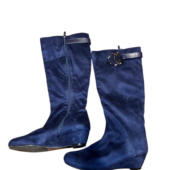 Impo 7.5 Blue Suede Women's Knee Length Riding Boot 7 1/2 Wedge Heel - Picture 1 of 6